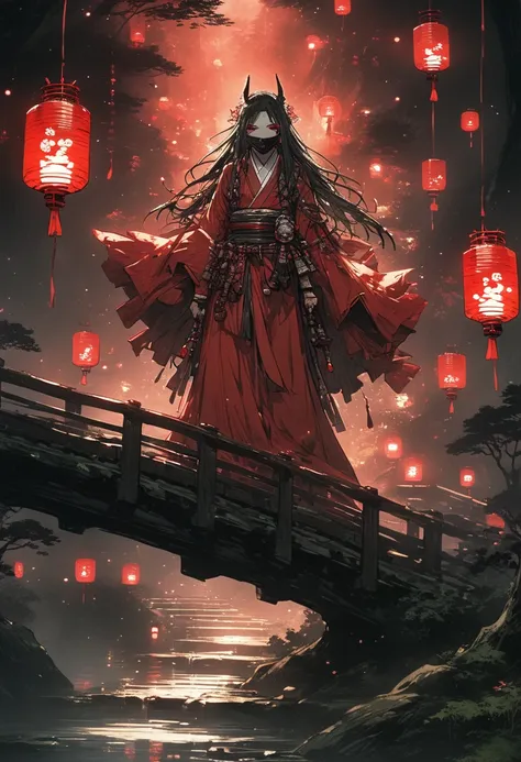 A spirit ,spectral, standing on a red bridge with lanterns on the sides with candles, Japanese-style pillared bridge , in a forest of bonsai trees and a ravine on the other side , floating on the bridge , long, broken black tunic with stains of mud and blo...