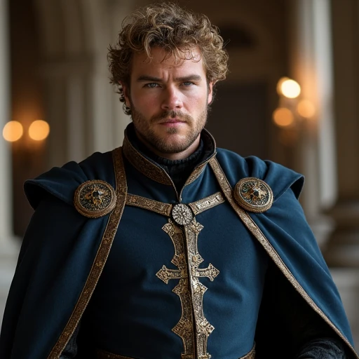 Australian Man Luke Hemsworth 40 years old,short curly hairstyle, blonde hair,Dark skin,blue eyes, maxilar definido retangular, 1.85 altura, vestido com um traje de Princepe medieval na cor preta em umVasto gramado, cercas pretas cercando-o. Tem gados, vac...