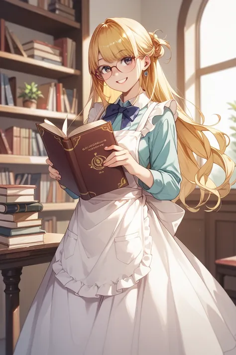 Young bookclerk 、 slender body 、 beautiful woman、 long yellow hair 、 、Glasses、輝く瞳、Smile、 carrying books 、At work、 bookclerk apron 、 long skirt 、 joy of working 、 cute、Delicate fingertips、joy