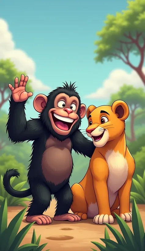     Of course! here is the prompt for the image:  

" A very happy chimpanzee , with a big smile,  waving goodbye to a lioness .  The lioness is next to the chimpanzee , also very cheerful ,  displaying a friendly and lively expression .  Both are in a nat...