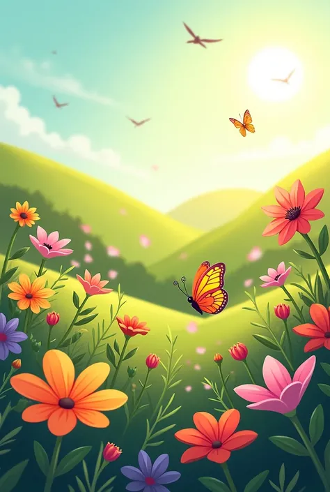 Sunrais garden flowers betterfly are there background hills area cartoon 