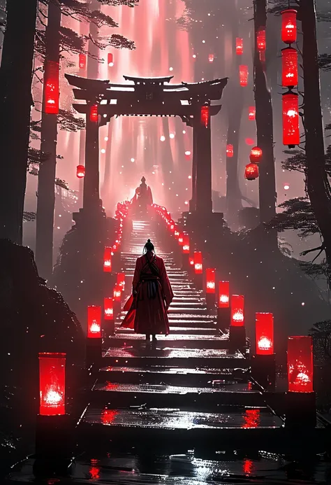 A spirit ,spectral, standing on a red bridge with lanterns on the sides with candles, Japanese-style pillared bridge , in a forest of bonsai trees and a ravine on the other side , floating on the bridge , long, broken black tunic with stains of mud and blo...