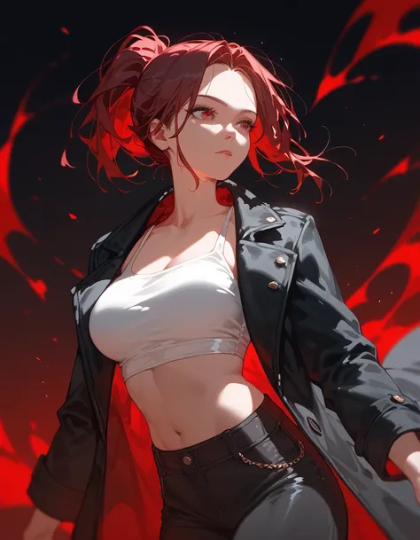 1 person,girl, short ponytail ,Long hair, in red eyes , breasts size, black coat,Closed hair , Trousers, dark edges, dark red hair black 