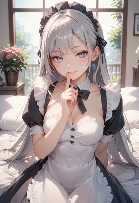 Super realistic CG 、8K images、 maid clothes、 Silver Hair、 long hair 、seductive smile