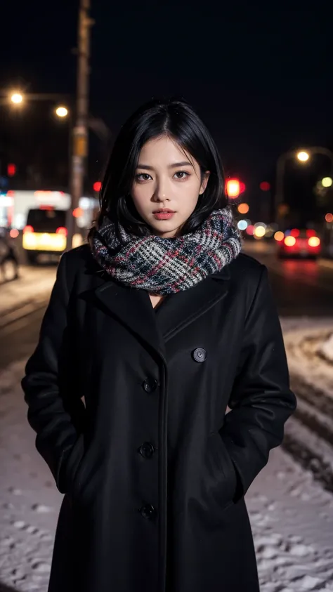 solo,  high definition , masterpiece,  Anatomically Correct , cool、 is cool、accurate,  top quality,  Ultra High Definition,  textured skin, woman、 Big Breasts 、 sexy、Black hair with short hair parted to the center 、 scarf and coat、 Christmas lights on a sn...