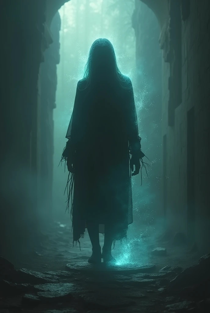 Create me a visual like this:
A sad silhouette with glowing support (Emobyte) entering the scene.