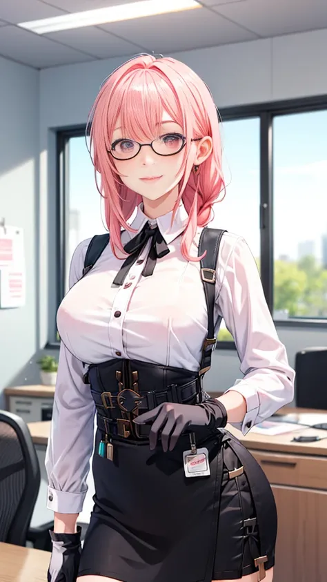 1 girl, Yanagi Tsukishiro , Alone, standing,  detailed eyes , pink eyes, glasses,  black gloves,  high waist skirt ,  white shirt with collar,  simple shoulder strap , auricular, harness,  neck strap ,  looking at viewer , presumed, smile,  gunman shot, of...