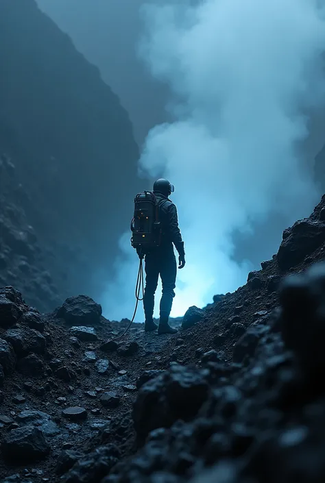 (masterpiece), top quality, ultra high resolution, A lone figure in a sleek, high-tech jumpsuit and helmet, surrounded by a halo of luminescent, ethereal mist, stands at the edge of a black, obsidian volcano, its slopes glistening with a subtle, iridescent...