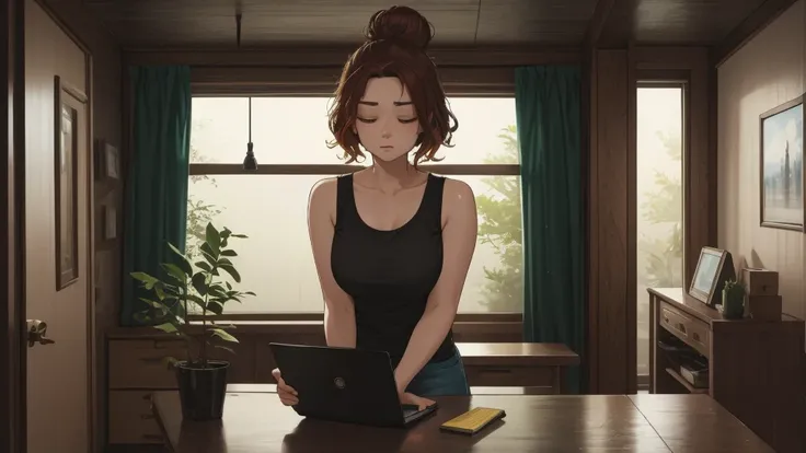 "A cozy and cinematic bedroom with a dark, rainy atmosphere featuring A woman big bobs with short wavy auburn hair tied in a loose bun, wearing a lush yellow tank top and fit jeans, The woman is focused on typing on a laptop placed on the desk. The room is...