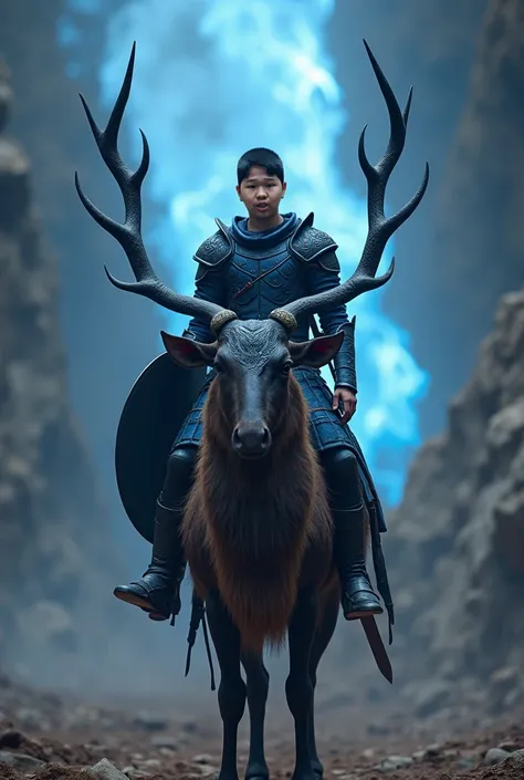 portrait of a young man, black hair, short hair, ko wearing dark blue war armor he poses riding an old kudu buru. with his hand carrying a shield, a sword on his waist., face staring sharply at the camera, battle arena background, blue aura fire, epic real...