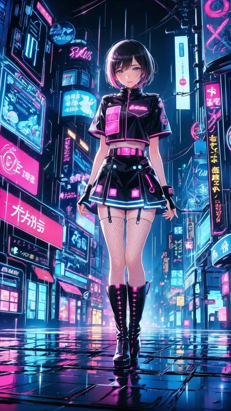 Teenage Girl,   short black hair ,  Neon Pink Highlights ,  Torn Fishnet Stockings,  Knee-High Leather Boots ,  Wear Cyber Deck on Her Arms , Hold a mobile phone、 Admire Dystopian Streets  [ Wobbly Buildings , Polluted Air ,  flashing neon sign ],  Streets...