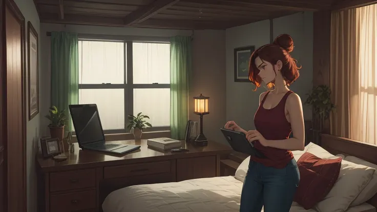 "A cozy and cinematic bedroom with a dark, rainy atmosphere featuring A woman big bobs with short wavy auburn hair tied in a loose bun, wearing a lush red tank top and fit jeans, The woman is focused on typing on a laptop placed on the desk. The room is il...