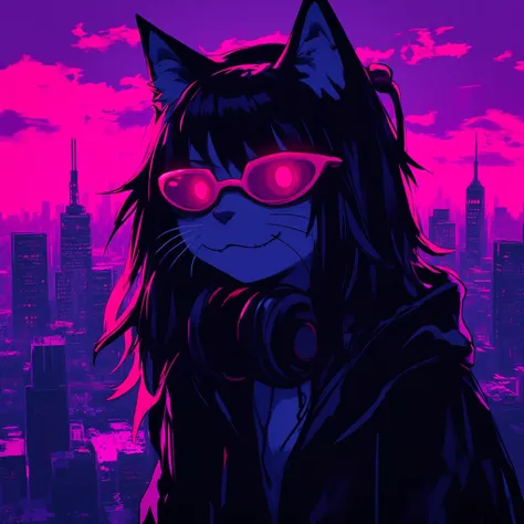 arafed female cat wearing headphones in a city at night, cyberpunk art inspired by Beeple, trending on cgsociety, furry art, cyberpunk female cat, synthwave style, 80s style synthwave, synthwave art style ]!!, synthwave art, synthwave art style, synthwave,...