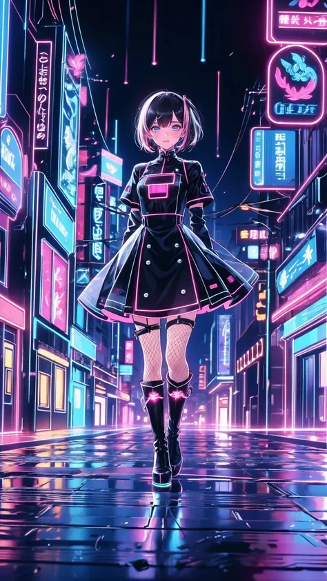 Teenage Girl,   short black hair ,  Neon Pink Highlights ,  Torn Fishnet Stockings,  Knee-High Leather Boots ,  Wear Cyber Deck on Her Arms , Hold a mobile phone、 Admire Dystopian Streets  [ Wobbly Buildings , Polluted Air ,  flashing neon sign ],  Streets...