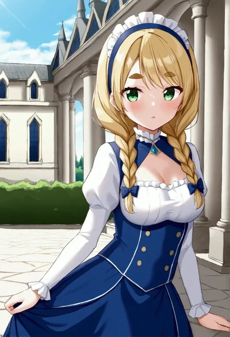  girl、 aristocrat dress 、Thick eyebrows、 green eyes、 headband、 braids ,blonde hair,Mansion