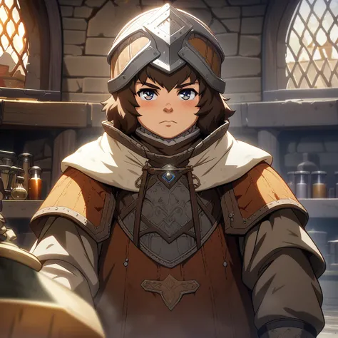 masterpiece, best quality, game cg, 1men, solo, male focus, looking at viewer, depth of field, brown hair, diamond eyes, artificer, dwarf, medieval, background of a laboratory,