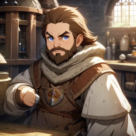 masterpiece, best quality, game cg, 1men, solo, male focus, looking at viewer, depth of field, brown hair, diamond eyes, artificer, dwarf, medieval, background of a laboratory,