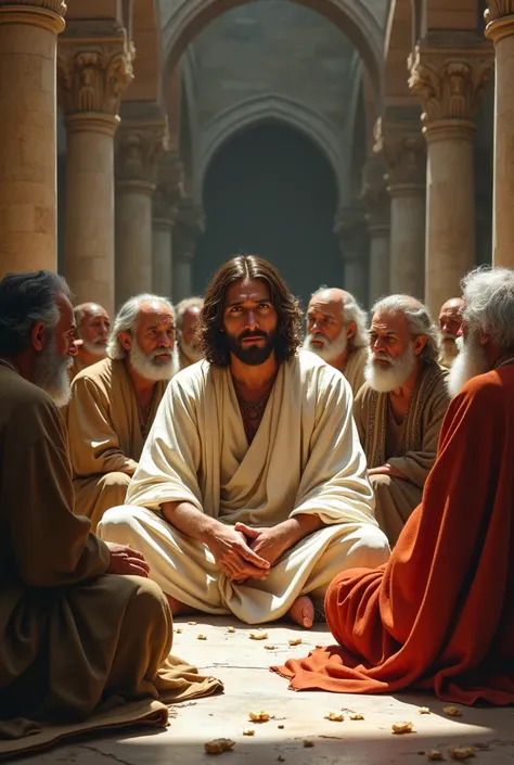 A  Jesus with shoulder-length dark brown hair, wearing simple white and beige robes, sitting cross-legged in a grand stone hall with intricate pillars. Surrounding him are elder scholars in detailed, colorful robes, with scrolls spread out, listening inten...