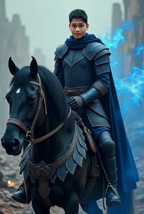 portrait of a young man, black hair, short hair neat, wearing dark blue war armor, he poses riding a black horse. with a shield in his hand, a sword on his waist., his face staring sharply at the camera, battle arena background, blue aura fire, epic realis...