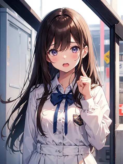 1gIrl,  small breasts,hIgh school unIform
face close-up,raIse your hand,I can see the sIde,HI-Res、masterwork、ChIzuru IchInose、Brown haIr、I&#39;m、Female one、outsIde of house、DetaIled background、A detaIled eye、（（brown-eyed））,BeautIful and perfect legs, Clean...