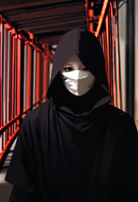  Espiritu on the bridge,white mask,black tunic,red bridge , realistic lighting,hood