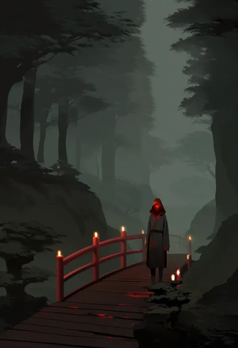 A spirit ,spectral, standing on a red bridge with lanterns on the sides with candles, Japanese-style pillared bridge , in a forest of bonsai trees and a ravine on the other side ,from afar, floating on the bridge , long, broken black tunic with stains of m...