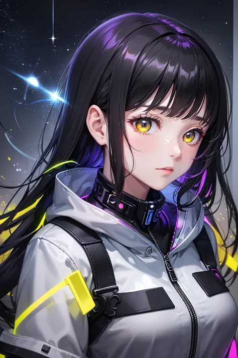 from future intelligence, technology background, complex mystery, unexpected variables, sudden result, strange things, transient waves, light fog, colorful signals, confident look, space black pioneer dress, yellow eyes, black hair