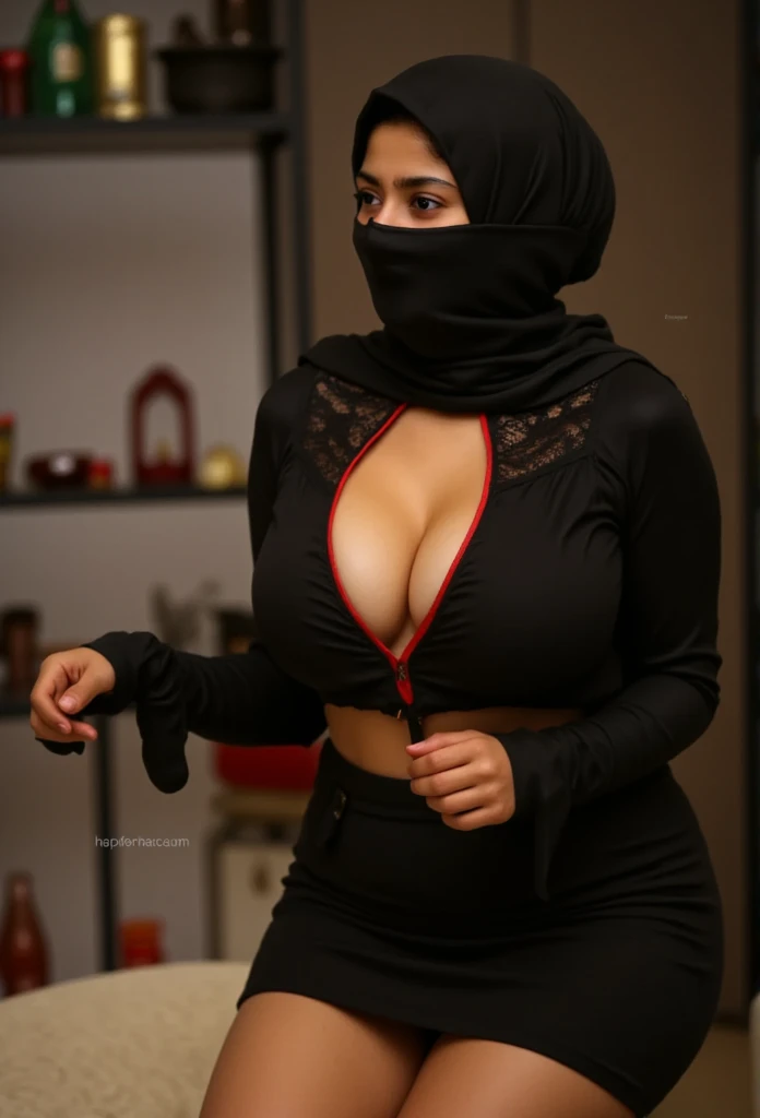 Wearing black and red burkha, bending down to pick clothes, night time,kitchen, massive cleavage visible, angry look, dark room
