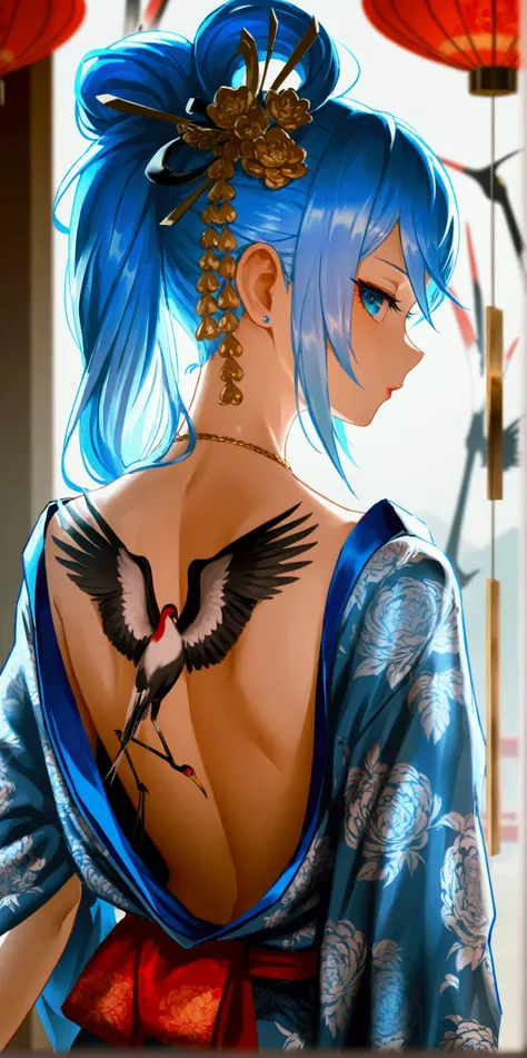 (masterpiece), ((incredibly detailed)), (award winning artwork), detailed beautiful eyes, 1girl, yakuza member, bare back, pale skin, ((back and right arm covered in large crane tatoo in yakuza style)), light-blue hair, high pony tail, clasic kimono, simpl...