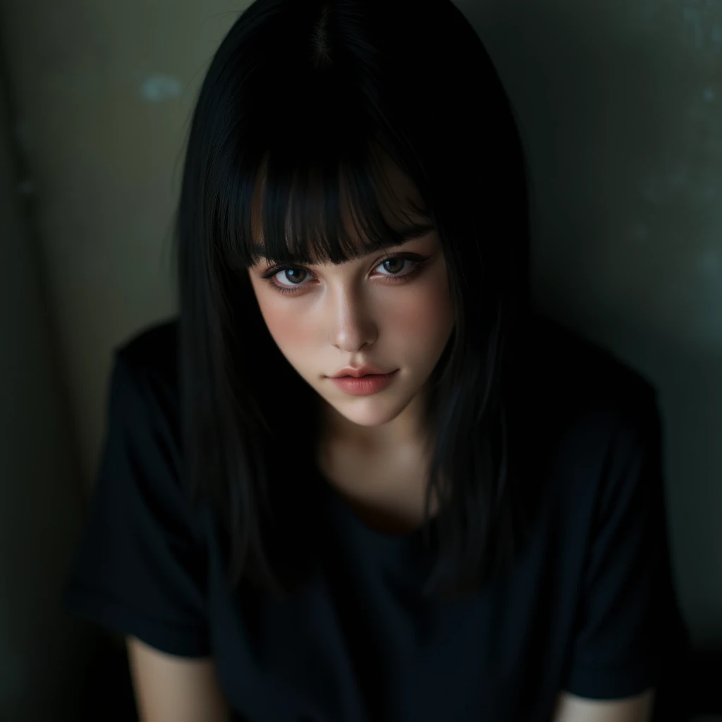 a beautiful woman with straight black hair and bangs,Black t-shirt, high angle, extreme close-up shot,highly detailed face and upper body,Around the fur album deftones, girl looking down,photorealistic,8k,masterpiece,professional photography,dramatic light...