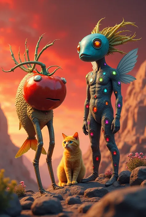 A fish with two legs and a tomato with wings in the red sky with a yellow cat with five eyes and a person with crystals of the two colors of the two colors of the two colors from 1966