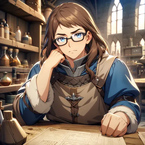 masterpiece, best quality, game cg, 1men, solo, male focus, looking at viewer, depth of field, brown hair, diamond-blue eyes, artificer, dwarf, Engineer Glasses, medieval, background of a laboratory,