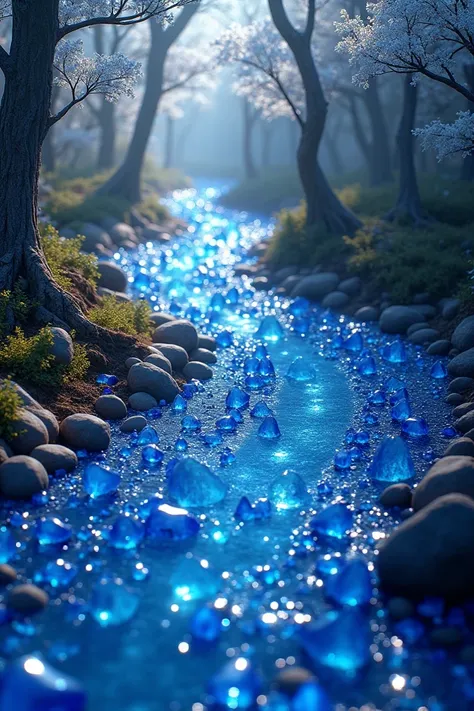 Create an 8K high-resolution image of a winding river composed entirely of deep blue sapphires, flowing through a forest of crystal trees. The river should be made up of sparkling sapphires in varying sizes, capturing the light to create a luminous effect....