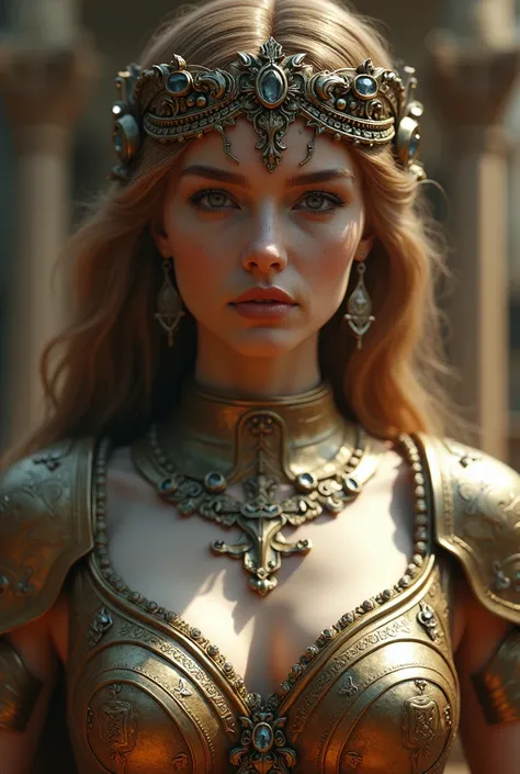 Roman goddess, benevolent countenance, head to breast, legionnaire cybernetics. High Resolution, Masterpiece, Award Winning, Best Quality, High Details, High Quality, UHD, Optical Illusion, Impressionism, Art Deco, Cinematic, Cinematography, Futurism, Hype...