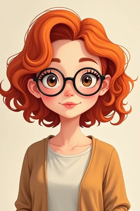 24 years old girl, curly red hair, glasses, shy, upper body, beautiful, cartoon style