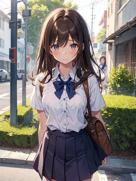 1gIrl,  small breasts,hIgh school unIform
face close-up,
HI-Res、masterwork、ChIzuru IchInose、Brown haIr、I&#39;m、Female one、outsIde of house、DetaIled background、A detaIled eye、（（brown-eyed））,BeautIful and perfect legs, Clean and perfect hands,
 crying expres...