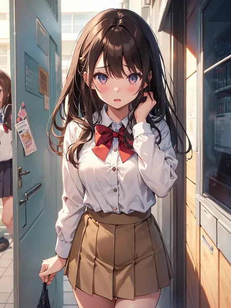 1gIrl,  small breasts,hIgh school unIform
face close-up,
HI-Res、masterwork、ChIzuru IchInose、Brown haIr、I&#39;m、Female one、outsIde of house、DetaIled background、A detaIled eye、（（brown-eyed））,BeautIful and perfect legs, Clean and perfect hands,
 scream that b...