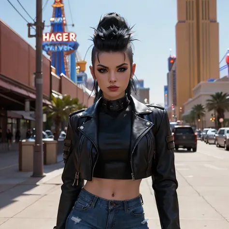 film photo ChristyMackQuiron woman, Mohawk hairstyle, mohawk hair, black hair,  Black hair,  realistic , a woman Shot putwearing a crop top and tight jeans walking on las vegas, short crop top, ahort black leather jacket,  short black leather jacket , tigh...