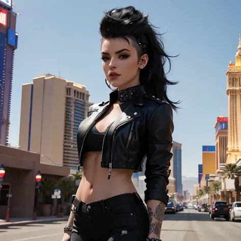 film photo ChristyMackQuiron woman, Mohawk hairstyle, mohawk hair, black hair,  Black hair,  realistic , a woman Shot putwearing a crop top and tight jeans walking on las vegas, short crop top, ahort black leather jacket,  short black leather jacket , tigh...