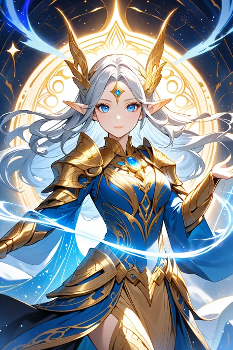 Here’s a prompt inspired by the image:

"A magical, otherworldly female sorceress with long silver hair and pointed elf-like ears, casting golden swirling magic. She has glowing blue eyes, a confident yet elegant expression, and is wearing a celestial blue...