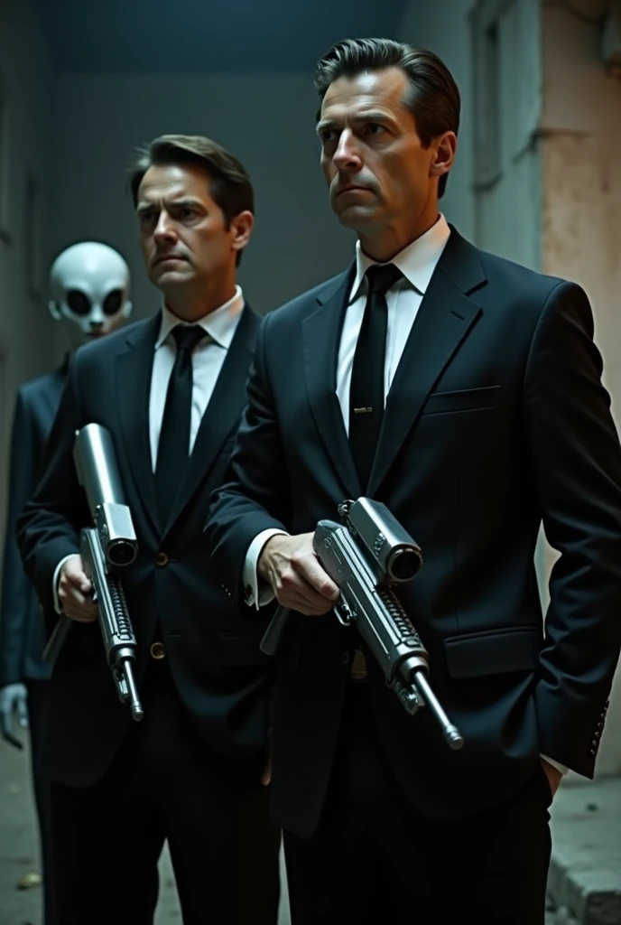 Men In Black, Two medium sized white males one with brown short hair and one with black short hair wearing black suits with white shirts and black ties holding silver Alien Rifles realistic at night and Alien Gray wearing a black suit with white shirt and ...