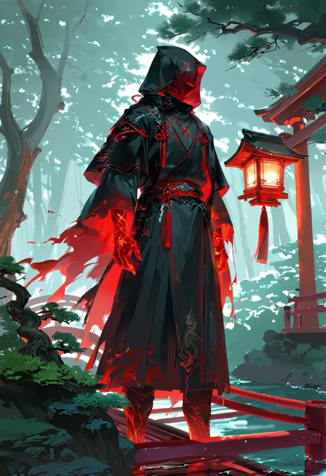 A spirit ,spectral, standing on a red bridge with lanterns on the sides with candles, Japanese-style pillared bridge , in a forest of bonsai trees and a ravine on the other side , floating on the bridge , long, broken black tunic with stains of mud and blo...