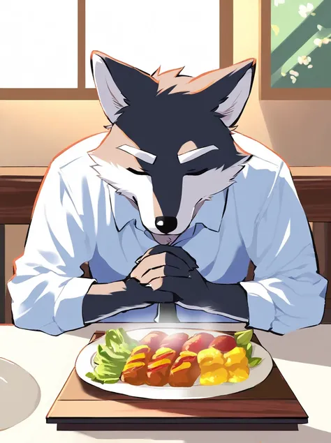 male, furry, 1boy, solo, wolf, white countershading, handsome, young, white eyebrows, casual clothes, praying, bowing BREAK high res, best quality, 8k, fancy, clear detail, table, food