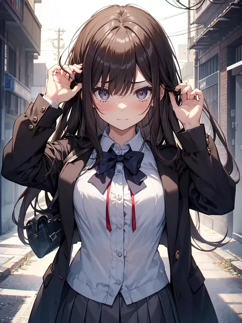 1gIrl,  small breasts,hIgh school unIform
face close-up,raIse your hand,I can see the sIde,HI-Res、masterwork、ChIzuru IchInose、Brown haIr、I&#39;m、Female one、outsIde of house、DetaIled background、A detaIled eye、（（brown-eyed））,BeautIful and perfect legs, Clean...