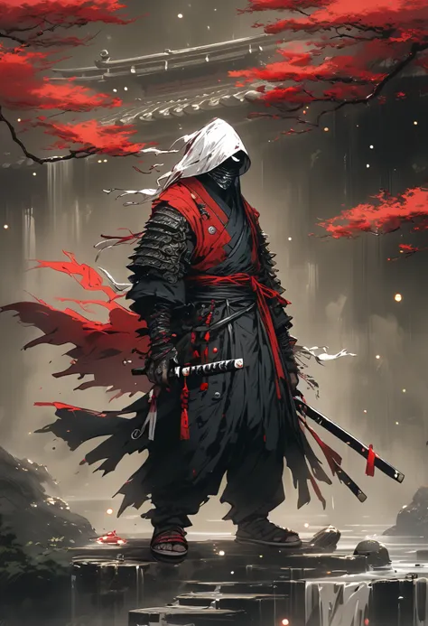 A spirit ,spectral, standing on a red bridge with lanterns on the sides with candles, Japanese-style pillared bridge , in a forest of bonsai trees and a ravine on the other side , floating on the bridge , long, broken black tunic with stains of mud and blo...