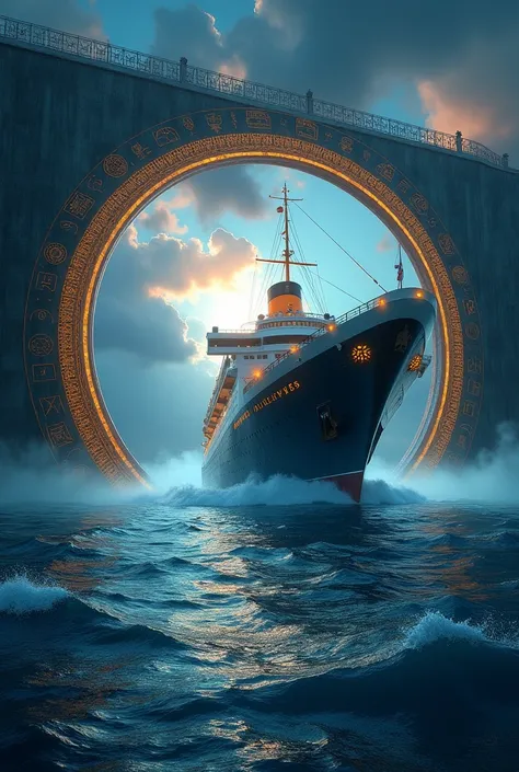 Beautifull and magestic transatlantic liner, sailed on a blue caribean sea. Liner pass through a gate similar to the one in the movie Star Gate with readable atlantis symbols. We can see waves beside the liner, sea is lighting by the rise of sun. Use a fan...