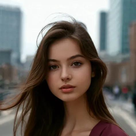 arafed woman with long brown hair standing in front of a city, portrait sophie mudd, gorgeous attractive face, cute young woman, a cute young woman, soft portrait shot 8 k, gorgeous young model, photo of a beautiful woman, beautiful young girl, perfect fac...