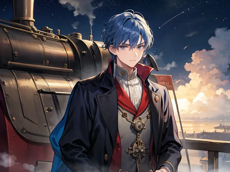 Male student, noble, middle ages, Steam locomotive, night, Commuting, fog,  upper body, melancholy, Blue Hair 