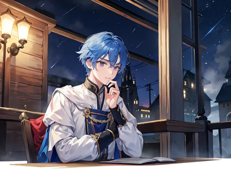 Male student, prince, middle ages, station, night, fog,  upper body, melancholy, Blue Hair