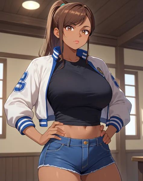 score_9, score_8_up, score_7_up, source_anime, rating_safe, nyantcha style, 1girl, brown hair, long hair, ponytail, swept bangs, sidelocks, tan skin, brown eyes, lips, big breasts, black shirt, letterman jacket, denim shorts, looking at viewer, hand on hip...